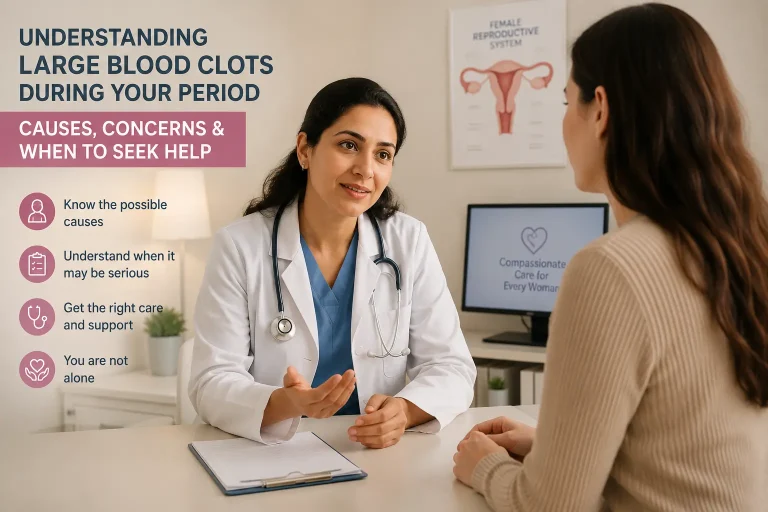 Woman experiencing golf ball sized blood clots during period, illustrating when to see an OB-GYN for possible miscarriage symptoms