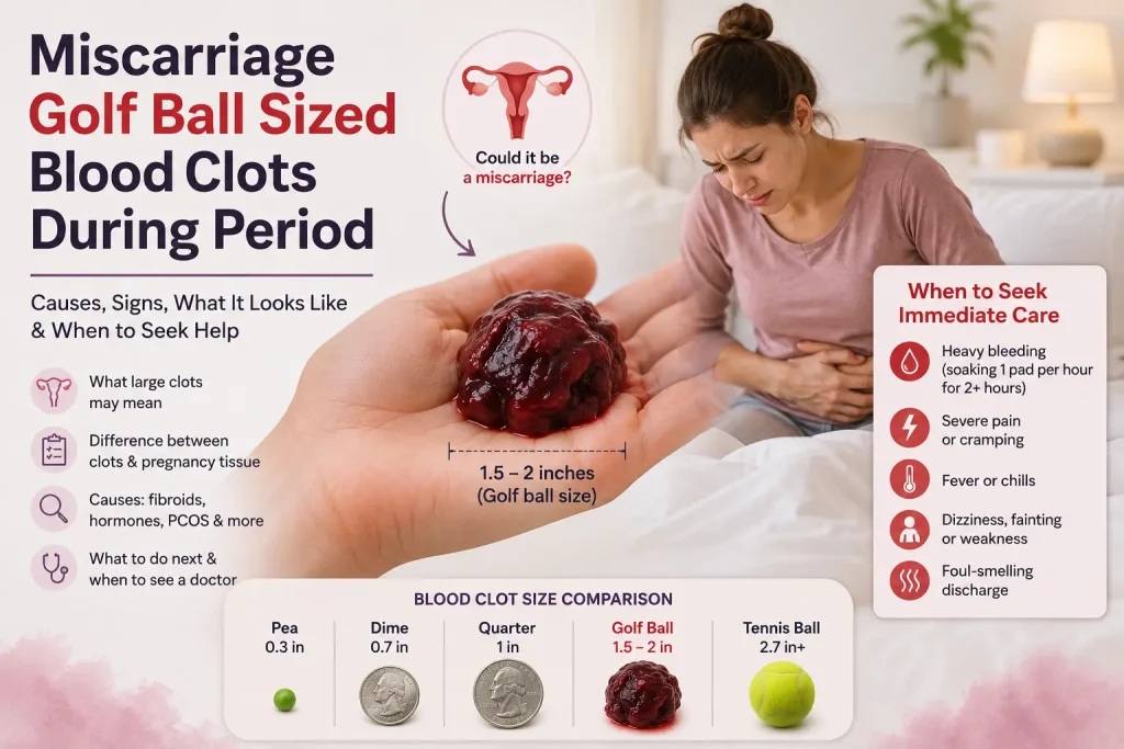 Medical illustration showing a golf ball-sized blood clot during a period, a woman with pelvic cramps, and warning signs that may indicate a miscarriage or heavy menstrual bleeding.