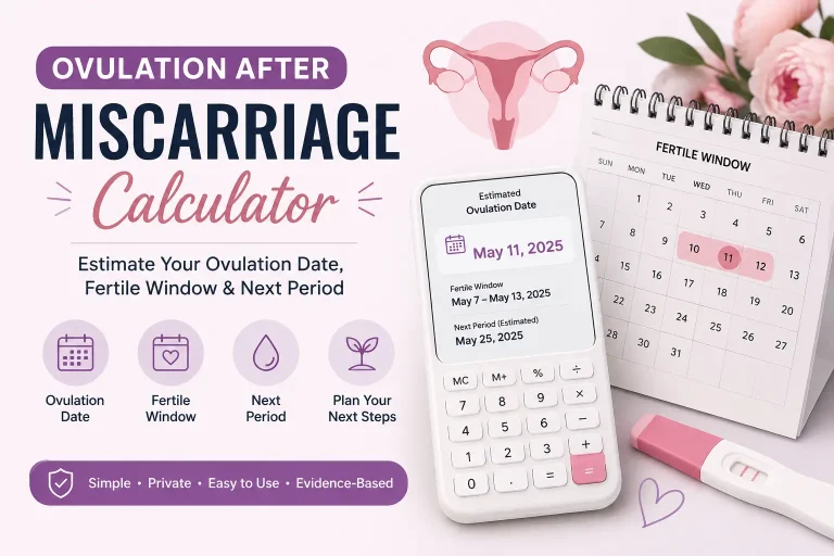 Ovulation After Miscarriage Calculator showing estimated ovulation date, fertile window, and next period.