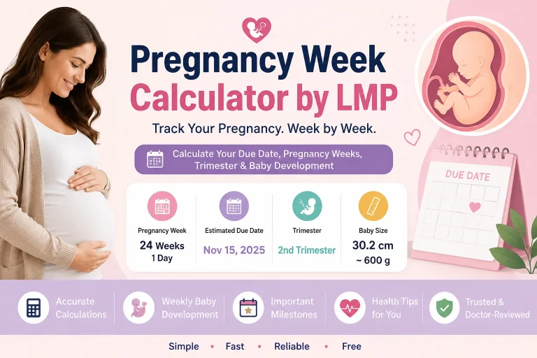 Pregnant woman using a pregnancy week calculator by LMP to calculate due date, trimester, and fetal development timeline.