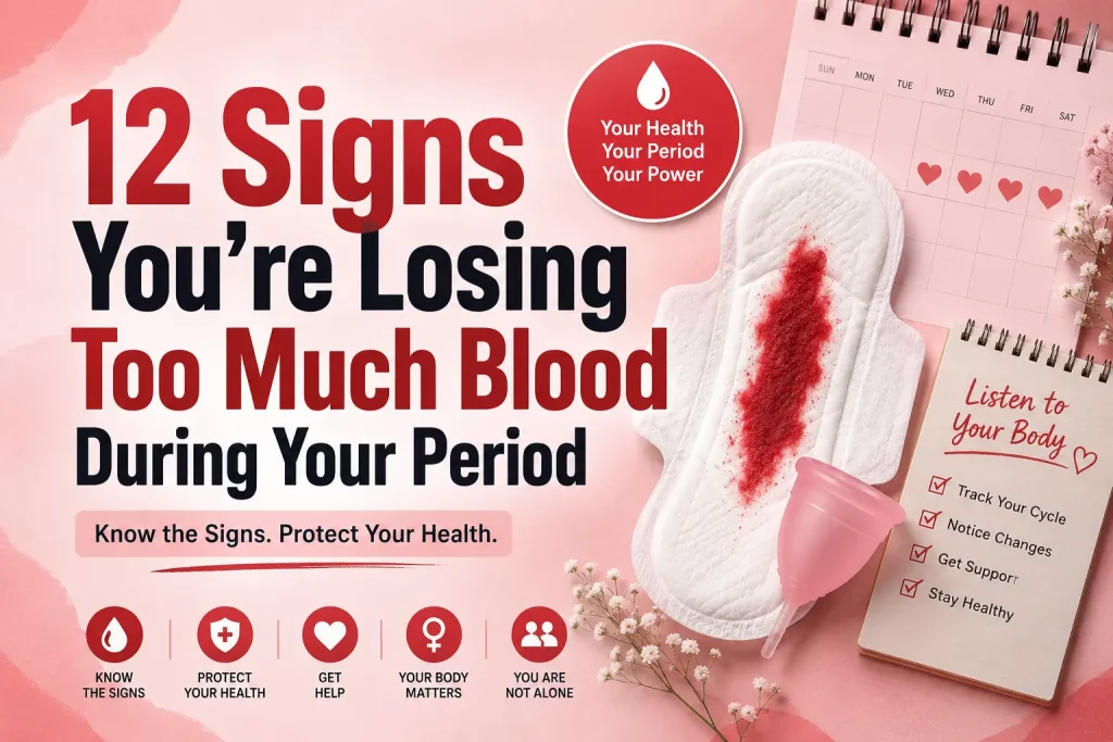 Woman experiencing symptoms of heavy menstrual bleeding while reviewing a menstrual calendar, illustrating warning signs of excessive blood loss during a period.