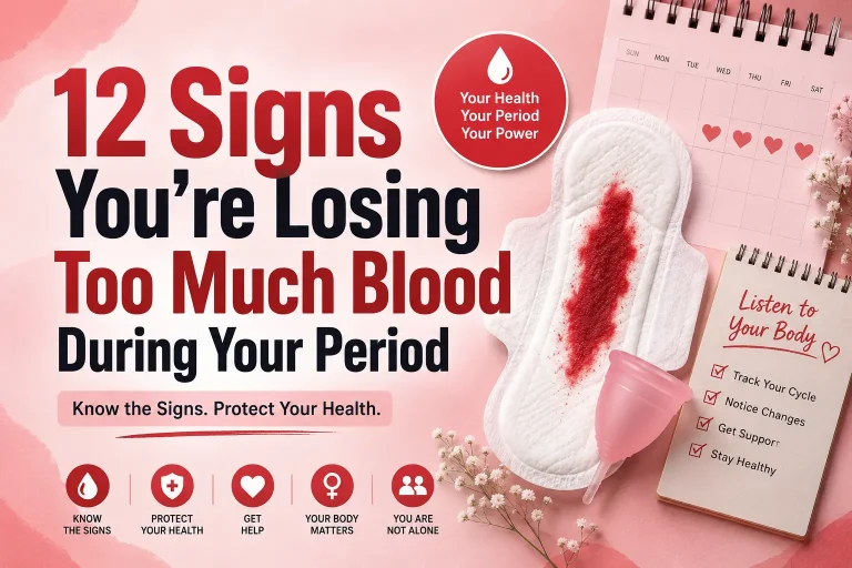 Woman experiencing symptoms of heavy menstrual bleeding while reviewing a menstrual calendar, illustrating warning signs of excessive blood loss during a period.