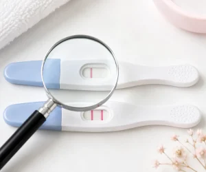 Very very faint line on a pregnancy test that is almost invisible compared with a clear positive result.