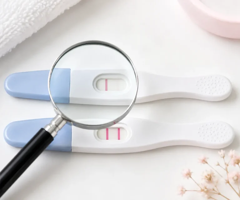 Very very faint line on a pregnancy test that is almost invisible compared with a clear positive result.
