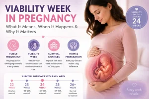 Illustration explaining viability week in pregnancy, showing the 24-week viability milestone and fetal development with a survival timeline from 22 to 26 weeks.