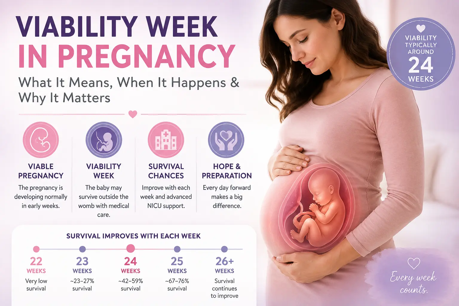 Illustration explaining viability week in pregnancy, showing the 24-week viability milestone and fetal development with a survival timeline from 22 to 26 weeks.