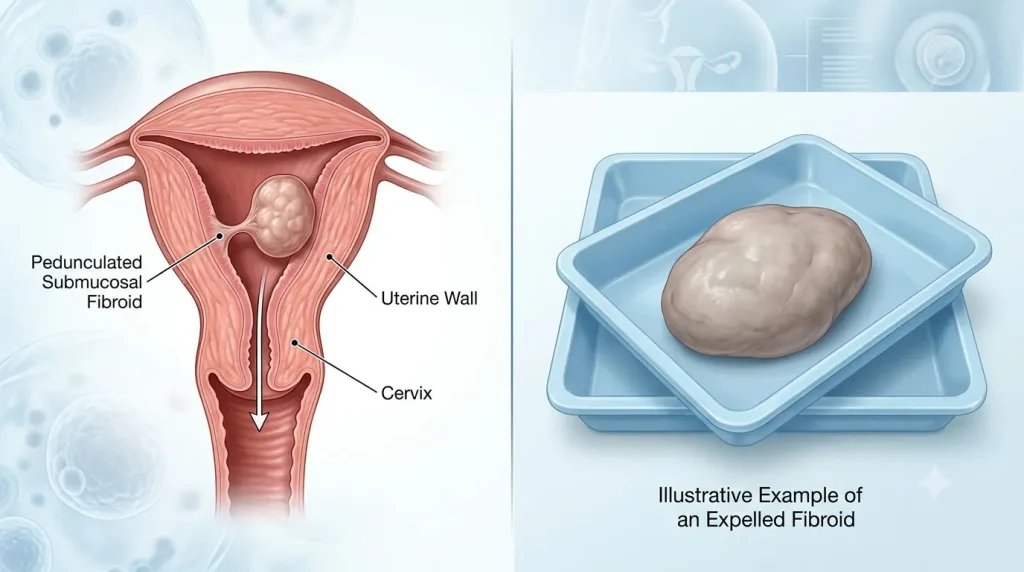 Medical illustration showing what an expelled submucosal uterine fibroid typically looks like after passing through the cervix.