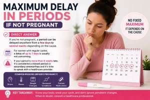 Maximum delay in periods if not pregnant infographic showing normal period delay, common causes, and when to see a healthcare provider.