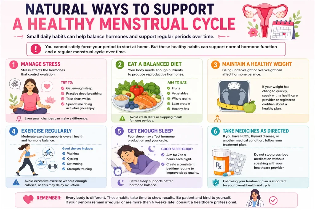 Infographic showing natural ways to support a healthy menstrual cycle through stress management, balanced nutrition, healthy weight, regular exercise, quality sleep, and taking prescribed medications as directed.
