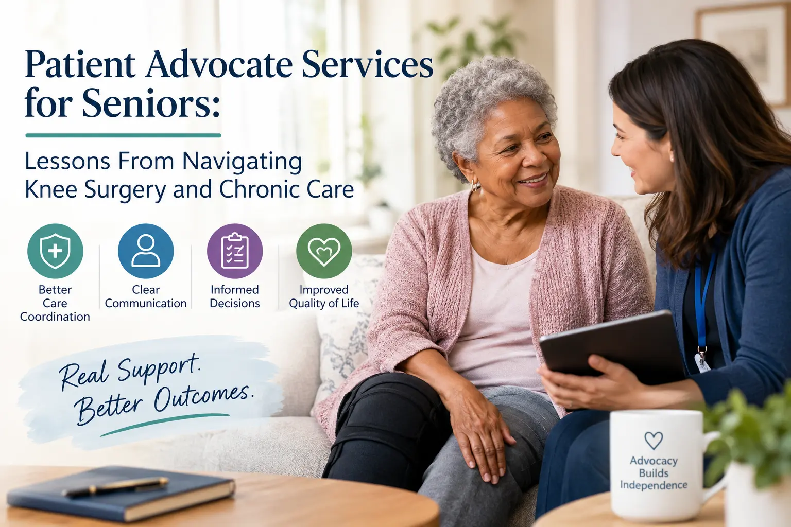 Patient advocate supporting a senior through knee surgery and chronic care