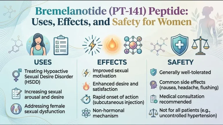 An infographic titled 'Bremelanotide (PT-141) Peptide: Uses, Effects, and Safety for Women' structured into three columns: Uses (listing HSDD, Sexual Dysfunction), Effects (Increased Desire, Common Side Effects like Nausea), and Safety (Medical Consultation, Blood Pressure Monitoring).
