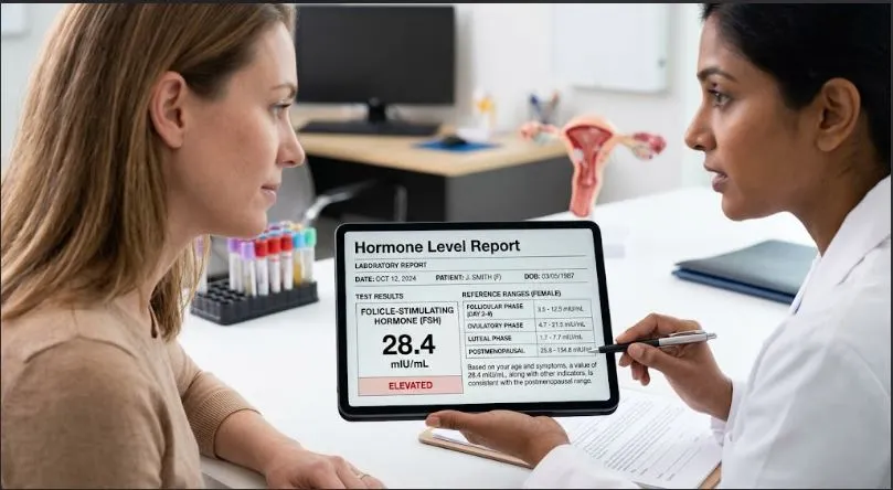 A doctor shows a patient an "Elevated" FSH level result of 28.4 mIU/mL on a tablet, discussing the hormone level report during a consultation.