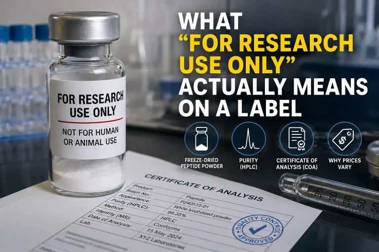 Laboratory vial labeled For Research Use Only beside a certificate of analysis