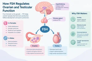 Illustration showing how follicle-stimulating hormone (FSH) regulates ovarian and testicular function