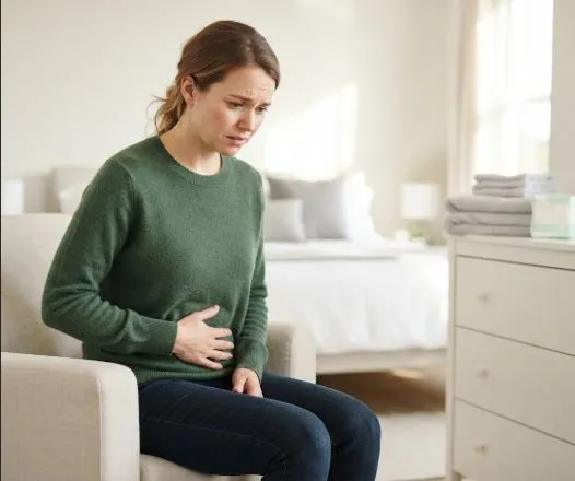 Woman experiencing vaginal yeast infection symptoms and seeking fast relief