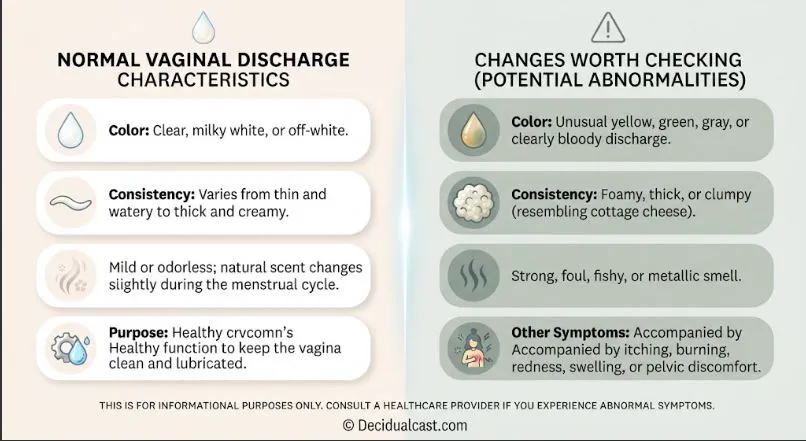 A medical infographic comparing normal vaginal discharge characteristics (clear color, thin consistency, mild odor, healthy purpose) against abnormal symptoms that require checking (yellow/green/bloody color, clumpy consistency, foul fishy smell, itching/pain).