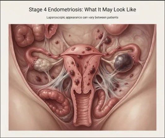 Stage 4 endometriosis pictures showing lesions, endometrioma, and pelvic adhesions