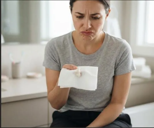 Woman examining thick white discharge commonly associated with a yeast infection