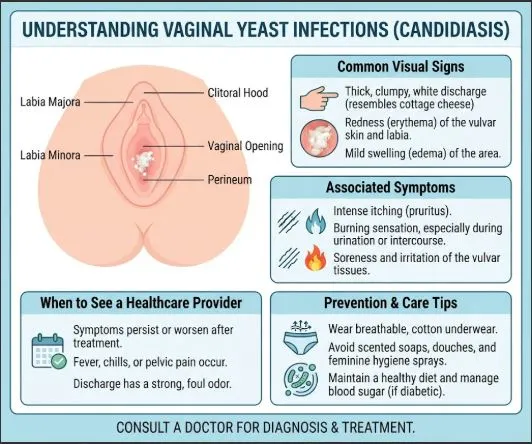 Common external signs of a vaginal yeast infection including redness, irritation, and white clumpy discharge