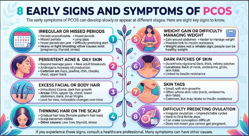 An infographic detailing eight early signs and symptoms of PCOS (Polycystic Ovary Syndrome), including irregular periods, persistent acne, excess body hair, thinning scalp hair, difficulty managing weight, dark patches of skin, skin tags, and irregular ovulation. It includes small illustrations for each symptom and a message to consult a healthcare professional.