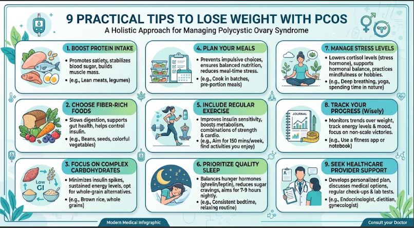 An infographic titled "9 PRACTICAL TIPS TO LOSE WEIGHT WITH PCOS" detailing a holistic approach for managing Polycystic Ovary Syndrome.