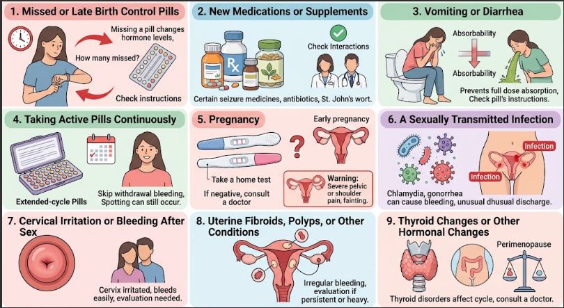 An infographic illustrating nine potential reasons for breakthrough bleeding while on birth control, using icons and small illustrations in distinct panels.