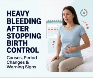 A concerned woman in a blue t-shirt and beige pants sits on a bed holding her stomach. Behind her are illustrations of a menstrual cycle calendar and a cycle icon. On the left, large text reads, "HEAVY BLEEDING AFTER STOPPING BIRTH CONTROL," followed by smaller text, "Causes, Period Changes & Warning Signs.