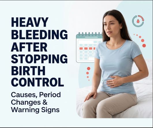 A concerned woman in a blue t-shirt and beige pants sits on a bed holding her stomach. Behind her are illustrations of a menstrual cycle calendar and a cycle icon. On the left, large text reads, "HEAVY BLEEDING AFTER STOPPING BIRTH CONTROL," followed by smaller text, "Causes, Period Changes & Warning Signs.