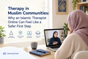 Muslim woman attending an online therapy session with an Islamic therapist