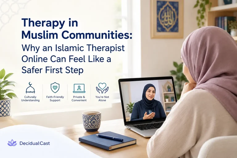 Muslim woman attending an online therapy session with an Islamic therapist