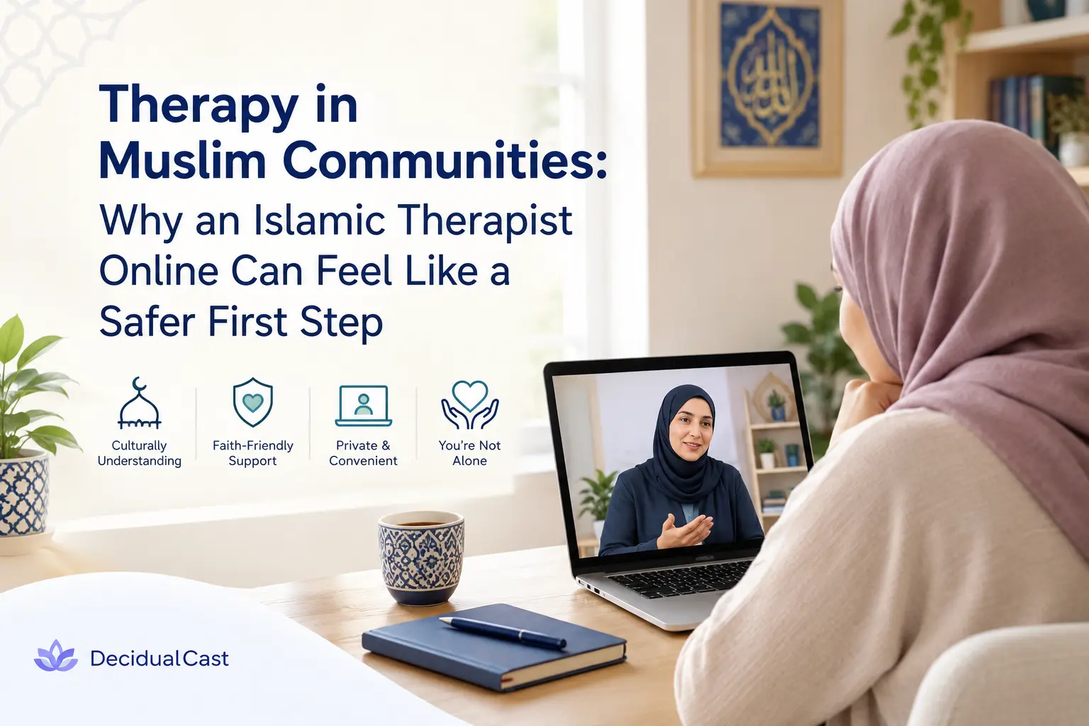 Muslim woman attending an online therapy session with an Islamic therapist