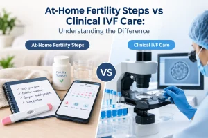 At-home fertility steps vs clinical IVF care, showing cycle tracking and fertility testing alongside IVF laboratory equipment