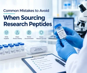 Scientist inspecting a research peptide vial while reviewing laboratory quality documentation.