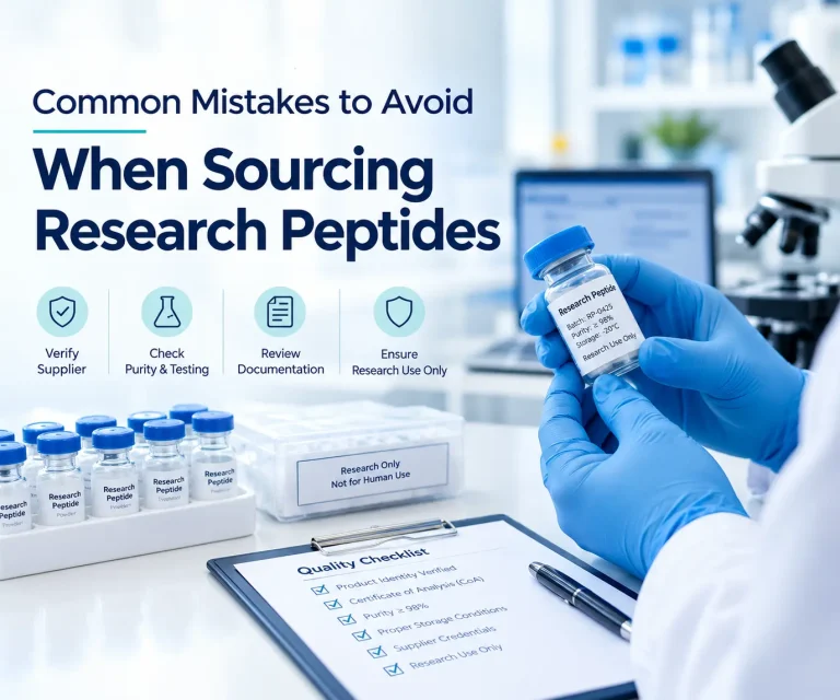 Scientist inspecting a research peptide vial while reviewing laboratory quality documentation.