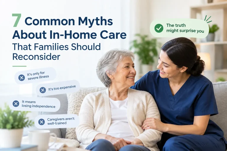 Caregiver supporting an elderly woman at home while illustrating common myths about in-home care.