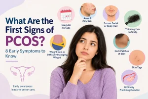 Infographic showing early signs of PCOS, including irregular periods, acne, excess facial hair, and thinning scalp hair