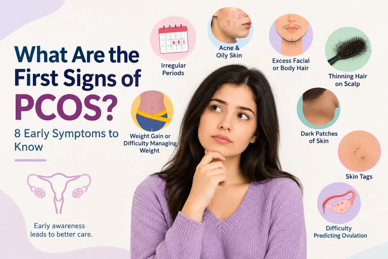 Infographic showing early signs of PCOS, including irregular periods, acne, excess facial hair, and thinning scalp hair