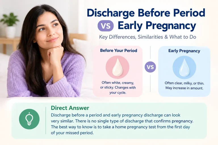 Discharge before period vs early pregnancy comparison with direct answer and pregnancy test guidance.