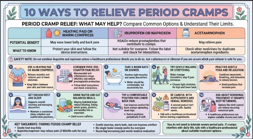 Infographic illustrating 10 ways to relieve period cramps, including home remedies and medical options.