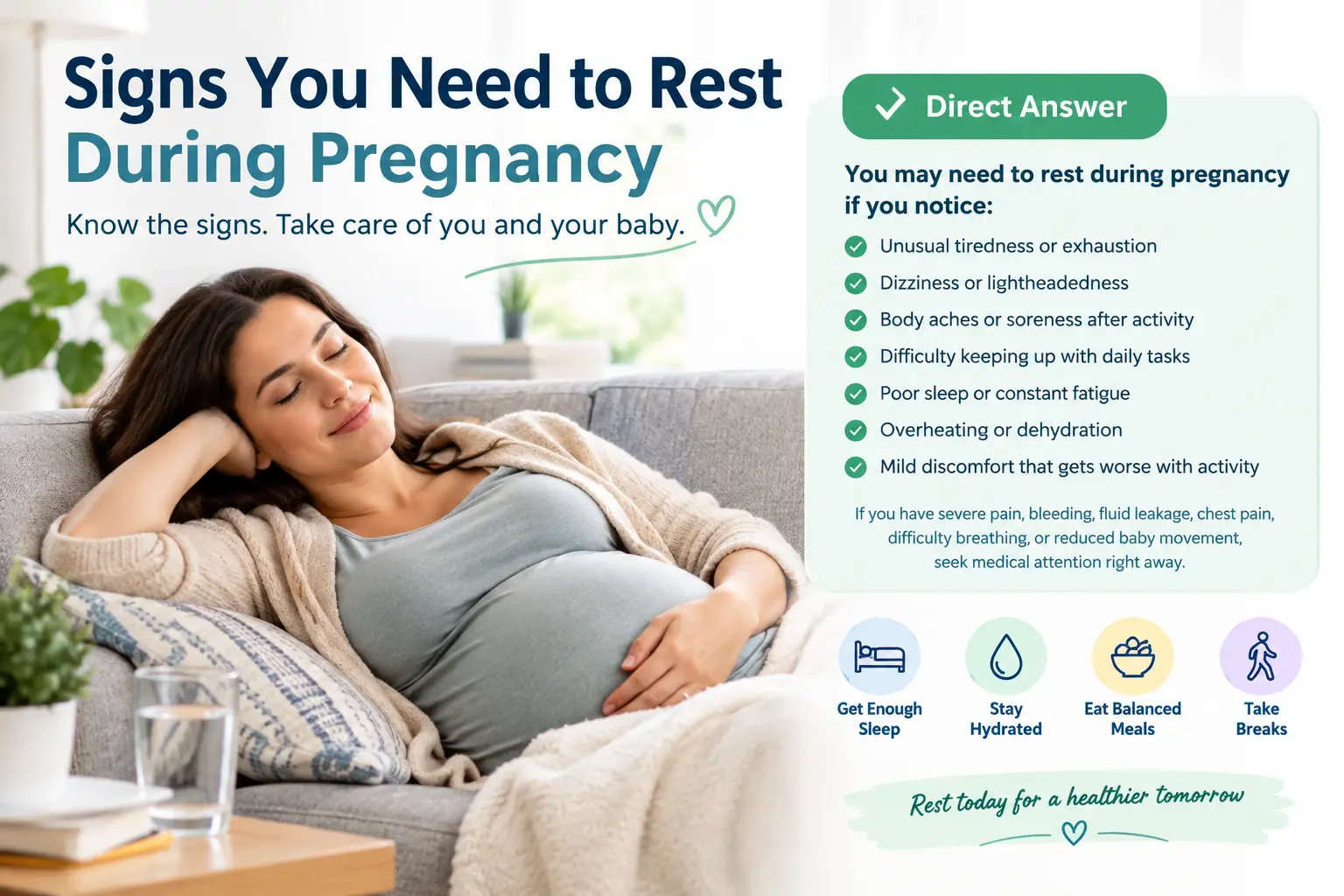Pregnant woman resting comfortably on a sofa, illustrating signs you need to rest during pregnancy.