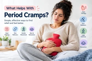 Woman holding a hot water bottle against her lower abdomen to relieve period cramps