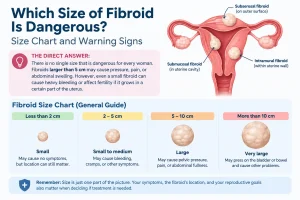 Medical illustration showing uterine fibroids of different sizes and their potential health effects.