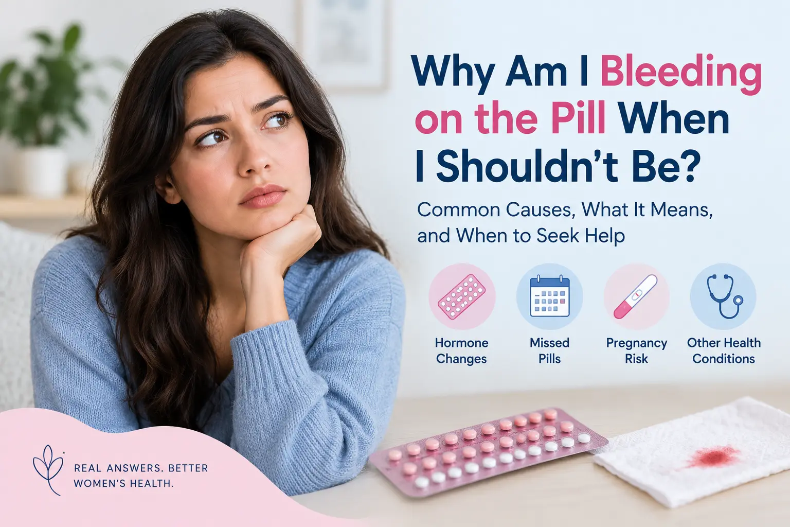 Woman concerned about unexpected bleeding while taking birth control pills.