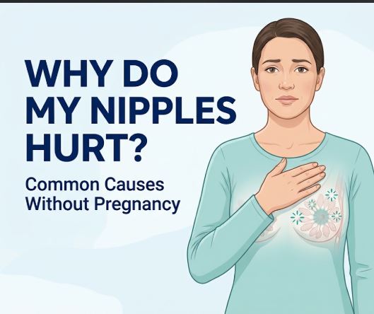 A medical illustration of a concerned woman in a light blue long-sleeved shirt with her hand on her chest. A diagram of the internal breast anatomy is visible through the shirt, marked with starburst sensitivity indicators. Text on the left asks 'WHY DO MY NIPPLES HURT?' and adds the subtitle 'Common Causes Without Pregnancy'.
